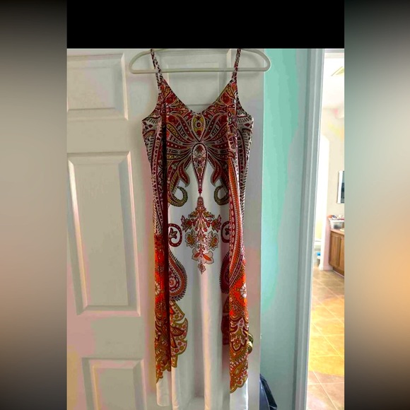 Bohemian Style Printed Spaghetti Strap, Orange, Red Gypsy long boho dress size L - Picture 4 of 6